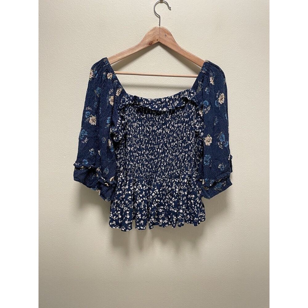 Romantic Gypsy Womens Top 3X Blue Floral Peplum Smocked Crop Cottagecore Fairy